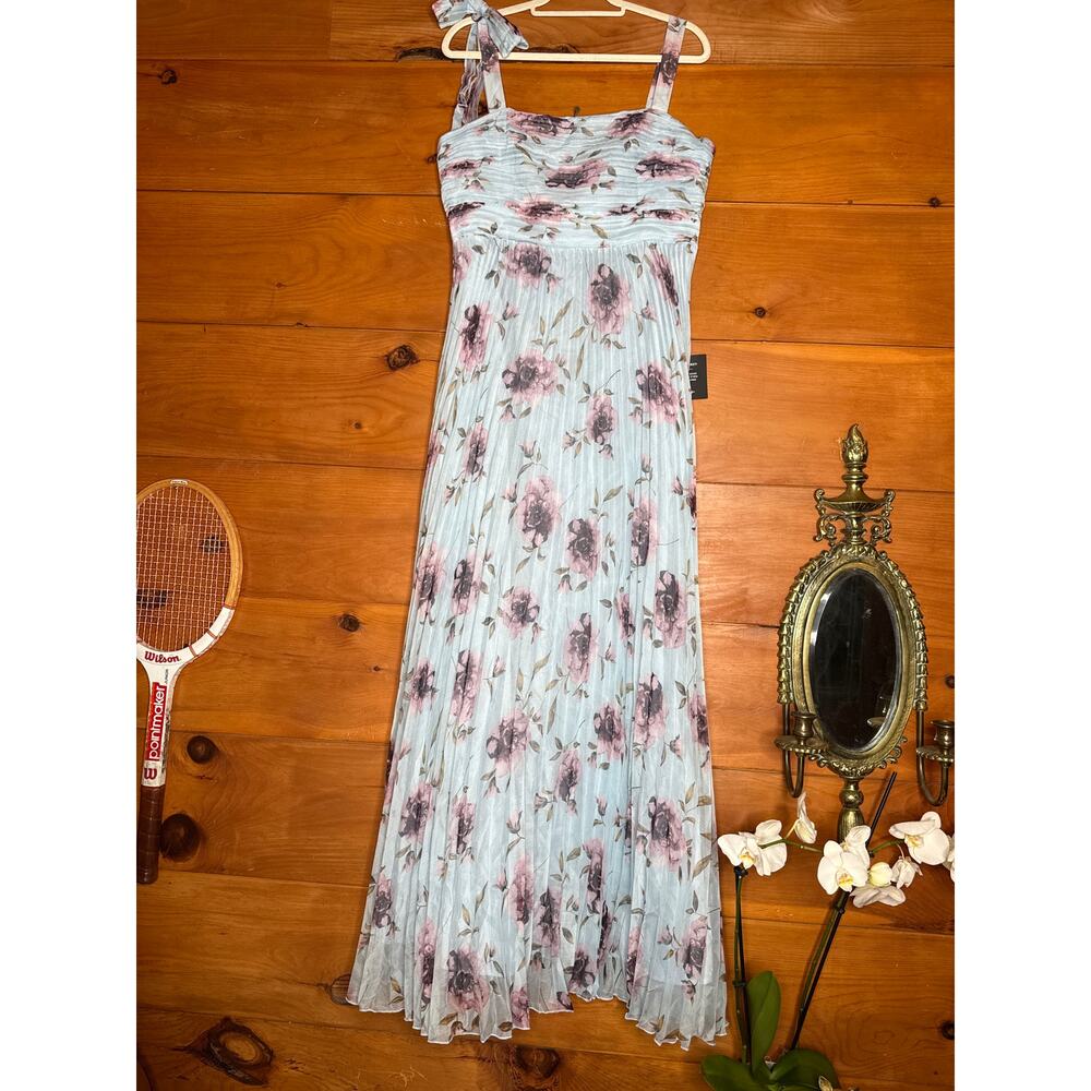 NWT Lulus Gorgeous Purpose Blue Floral Pleated Sleeveless Bow Maxi Dress Size XL - Picture 2 of 9